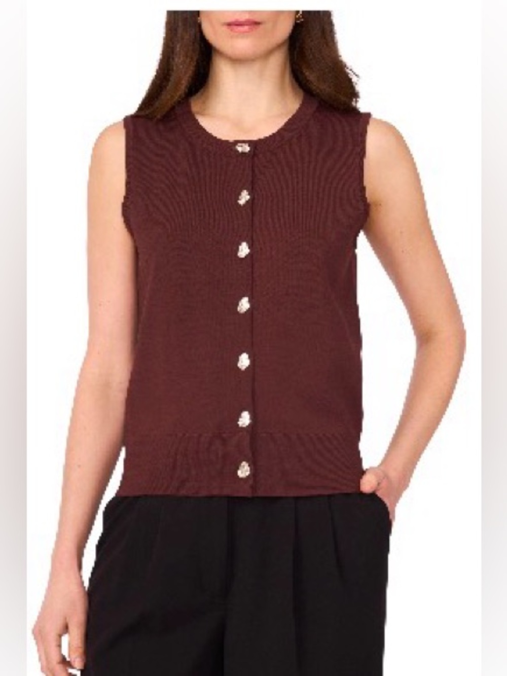 NWT Vince Camuto Crewneck Button Up Sweater Vest Rich Chocolate Medium